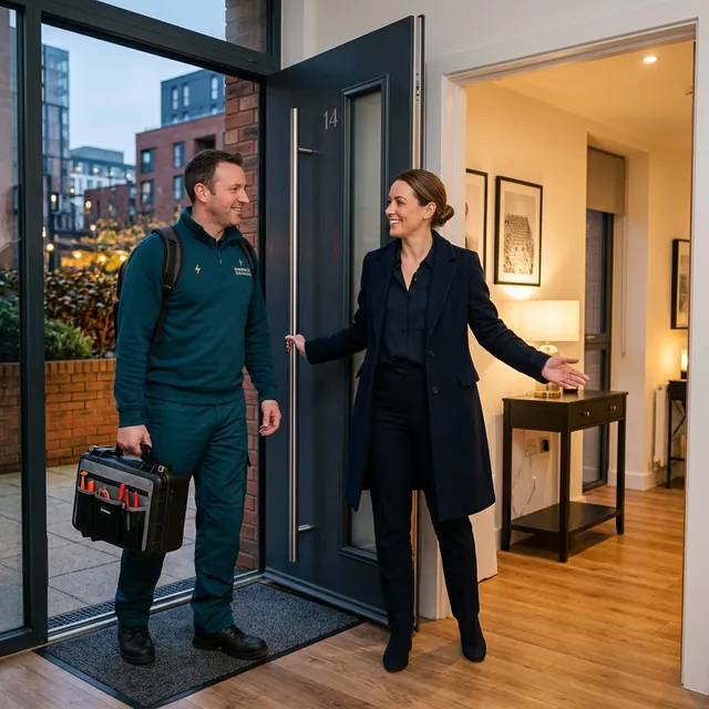 Letting agent opening the door of a rental property to a TRACEFORM electrician