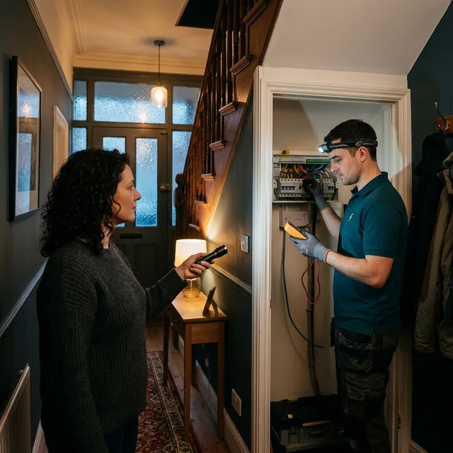 TRACEFORM electrician with a head torch reassuring a homeowner during a night call-out