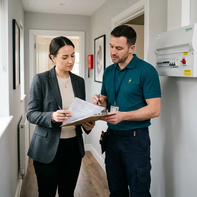 Landlord and TRACEFORM electrician reviewing a certificate beside a consumer unit