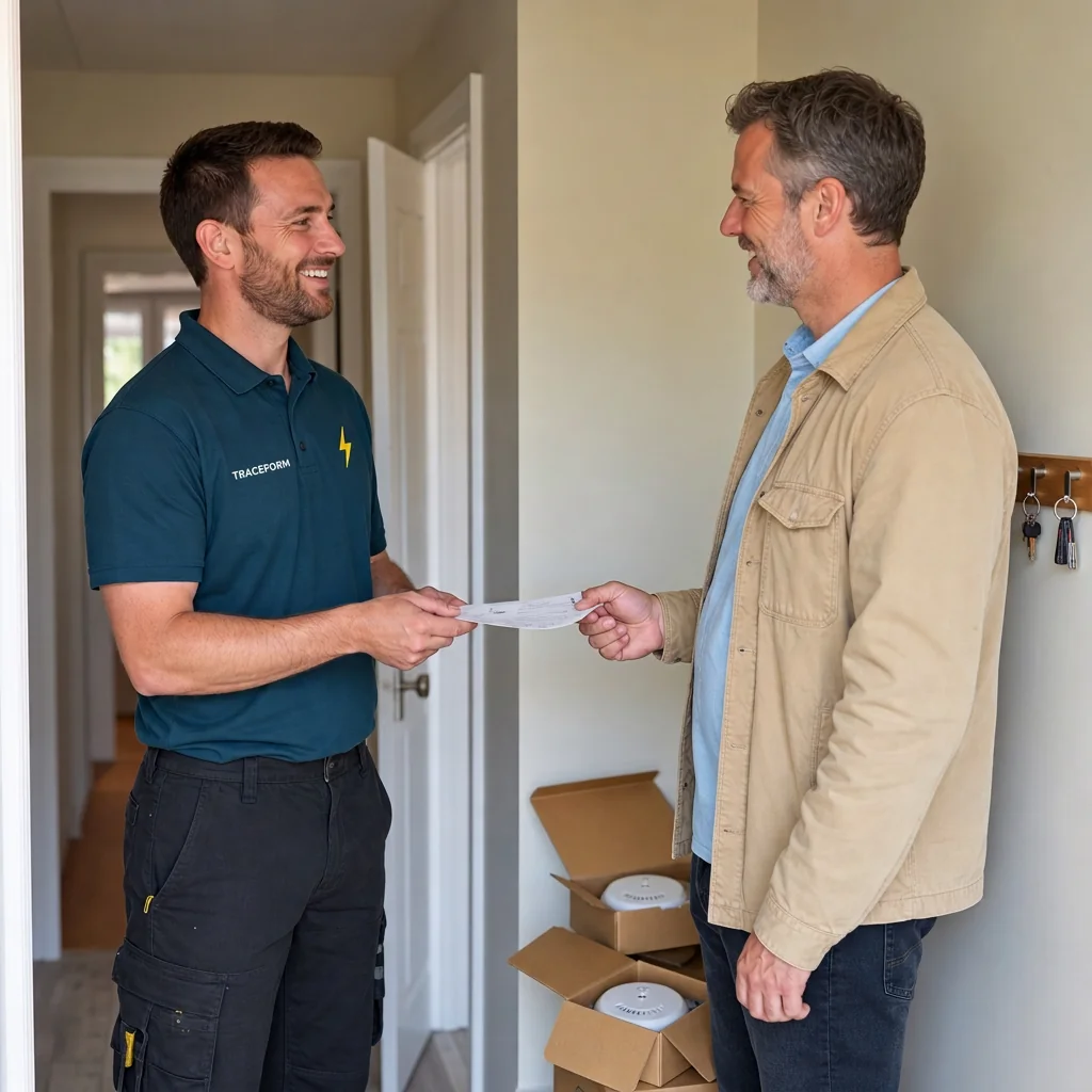 TRACEFORM electrician discussing rented-property electrical work with a property contact