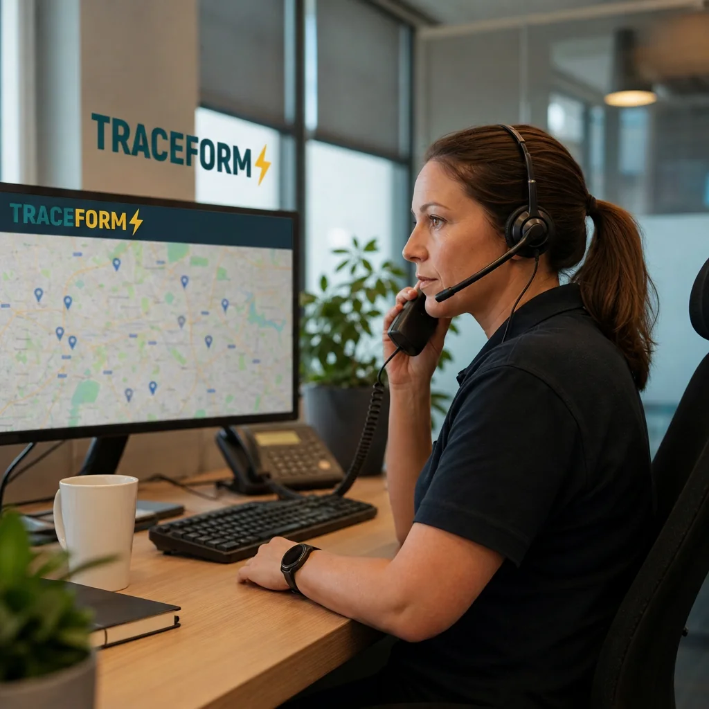 TRACEFORM call handler taking an emergency electrical enquiry in front of the Greater Manchester coverage map