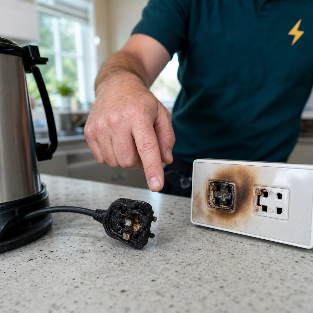 Hand pointing at a scorched socket with a melted kettle plug on the worktop