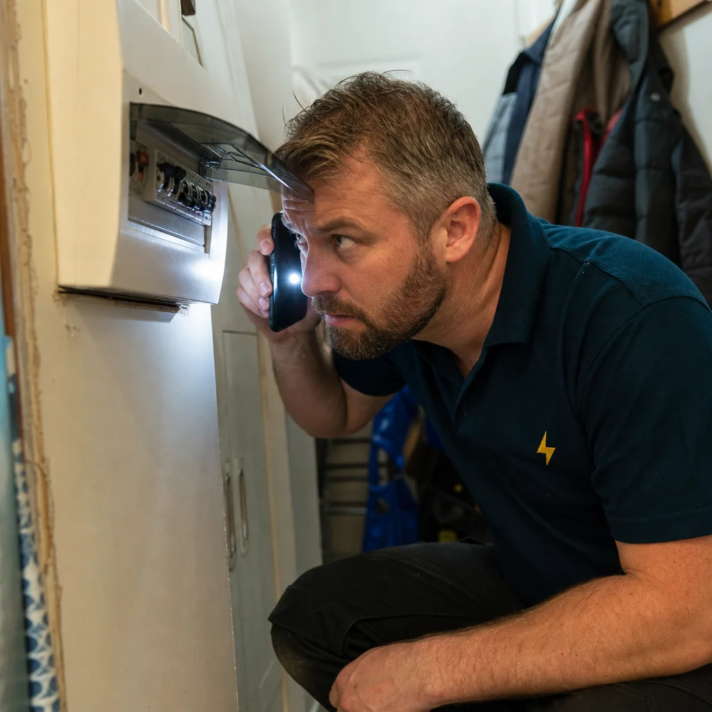 Electrician listening closely to a buzzing consumer unit with a torch