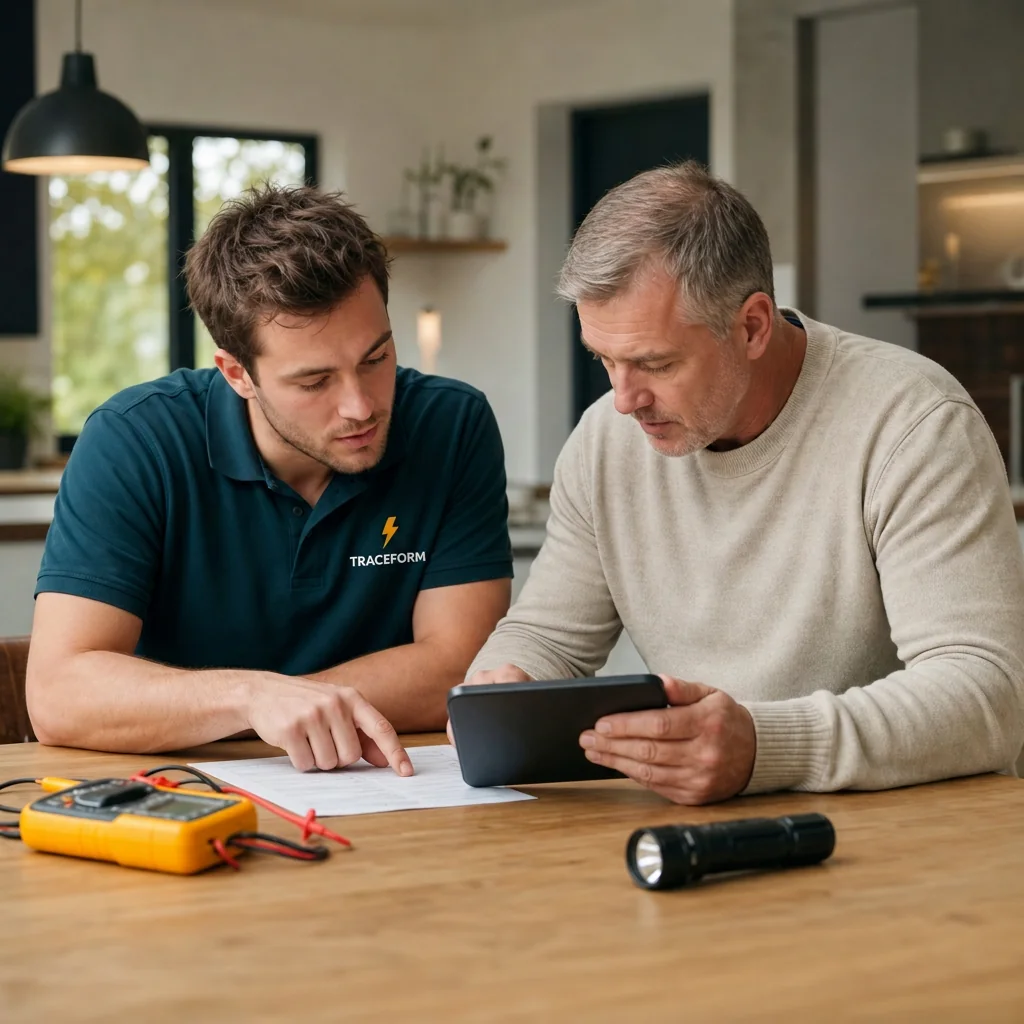TRACEFORM electrician going through the cost of a repair with a customer at the kitchen table