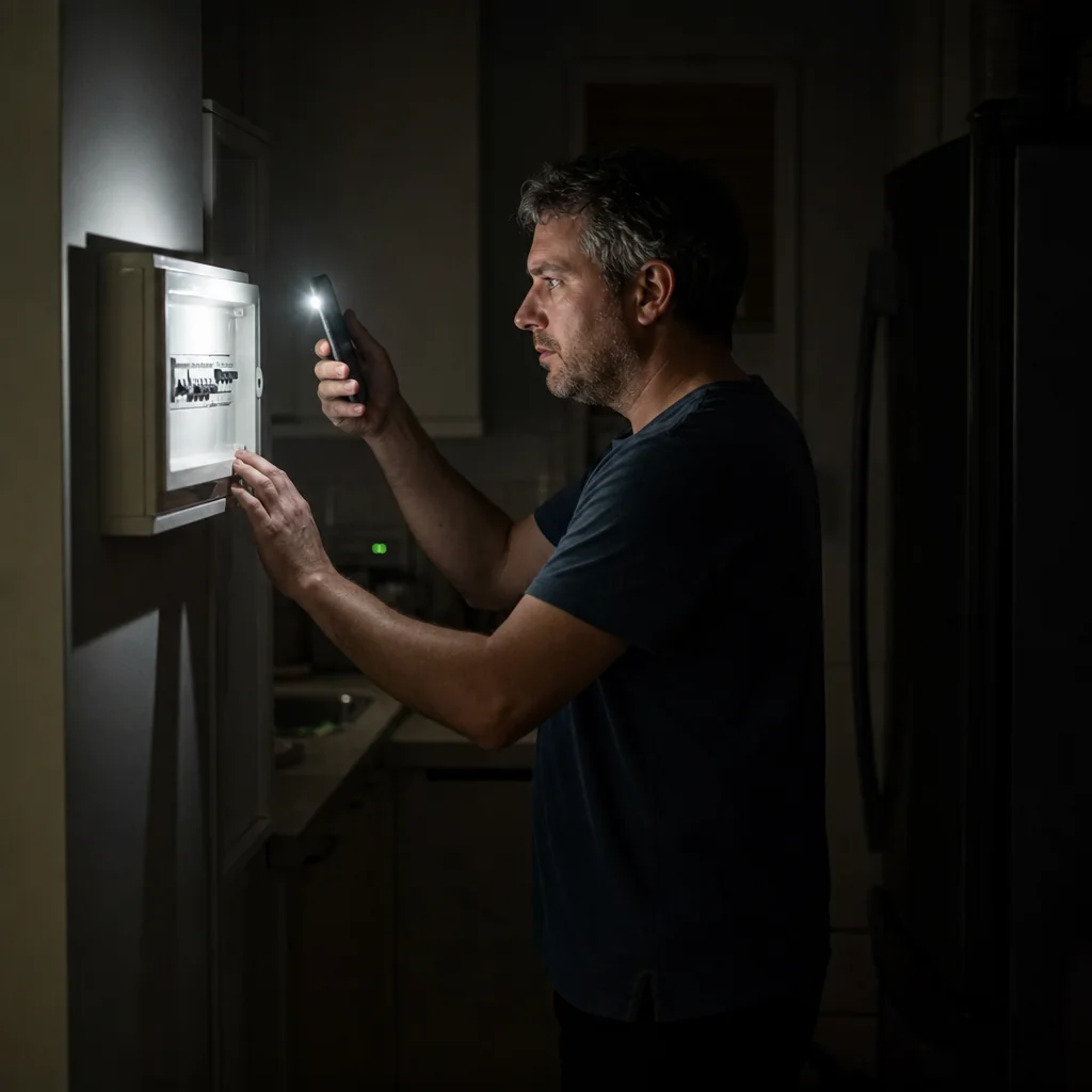Man using a torch to inspect a consumer unit in the dark