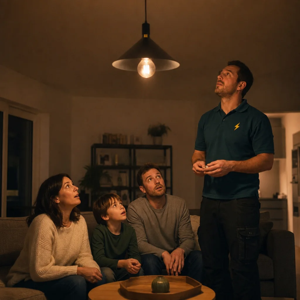 Family looking up at a flickering ceiling light while an electrician investigates