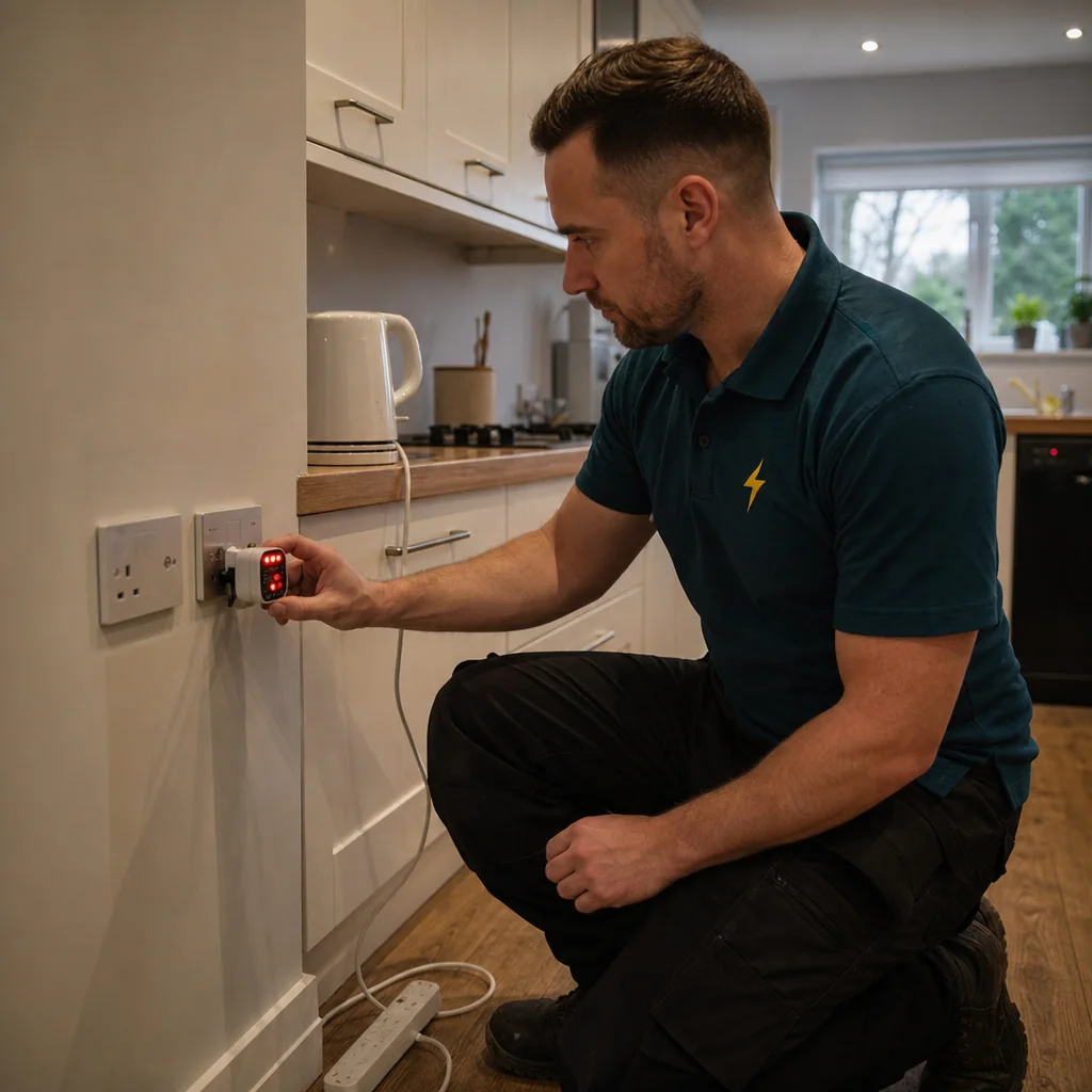 TRACEFORM electrician testing a kitchen socket with a plug-in socket tester