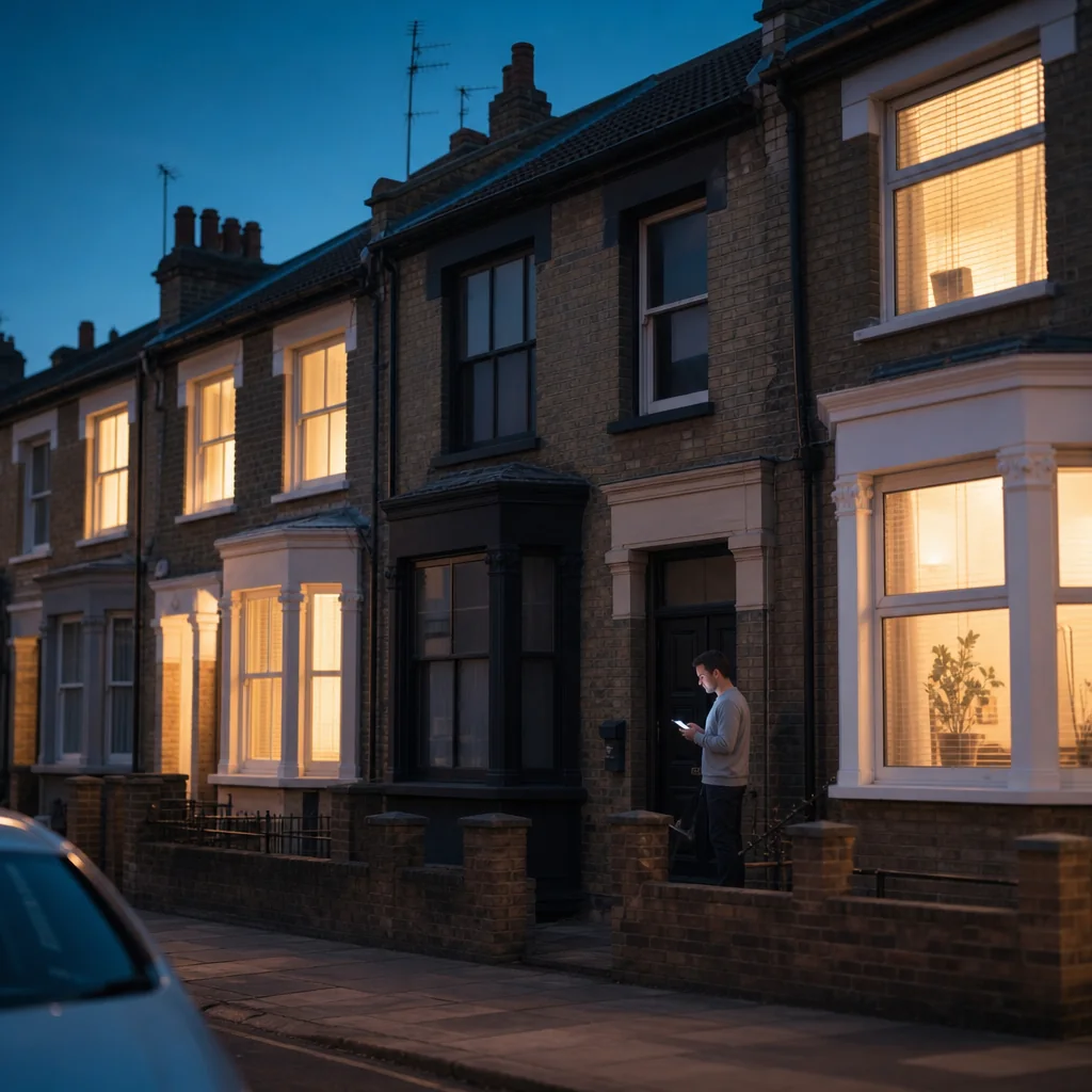 Terraced street at night with a single house still lit up