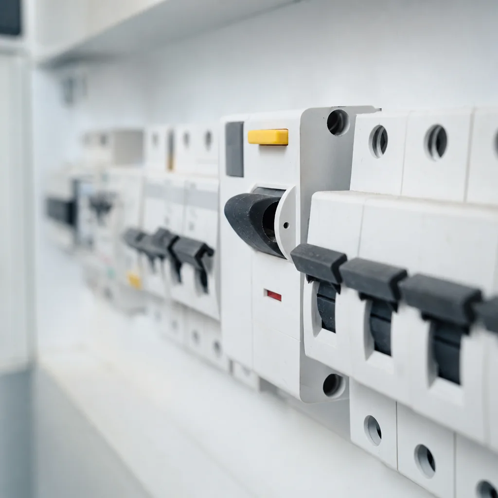 Close-up of RCDs and circuit breakers inside a modern consumer unit