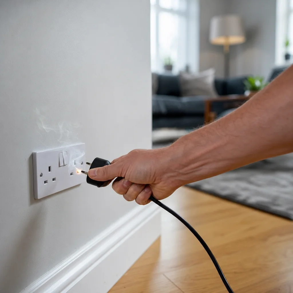 Hand unplugging a black plug from a wall socket in a living room