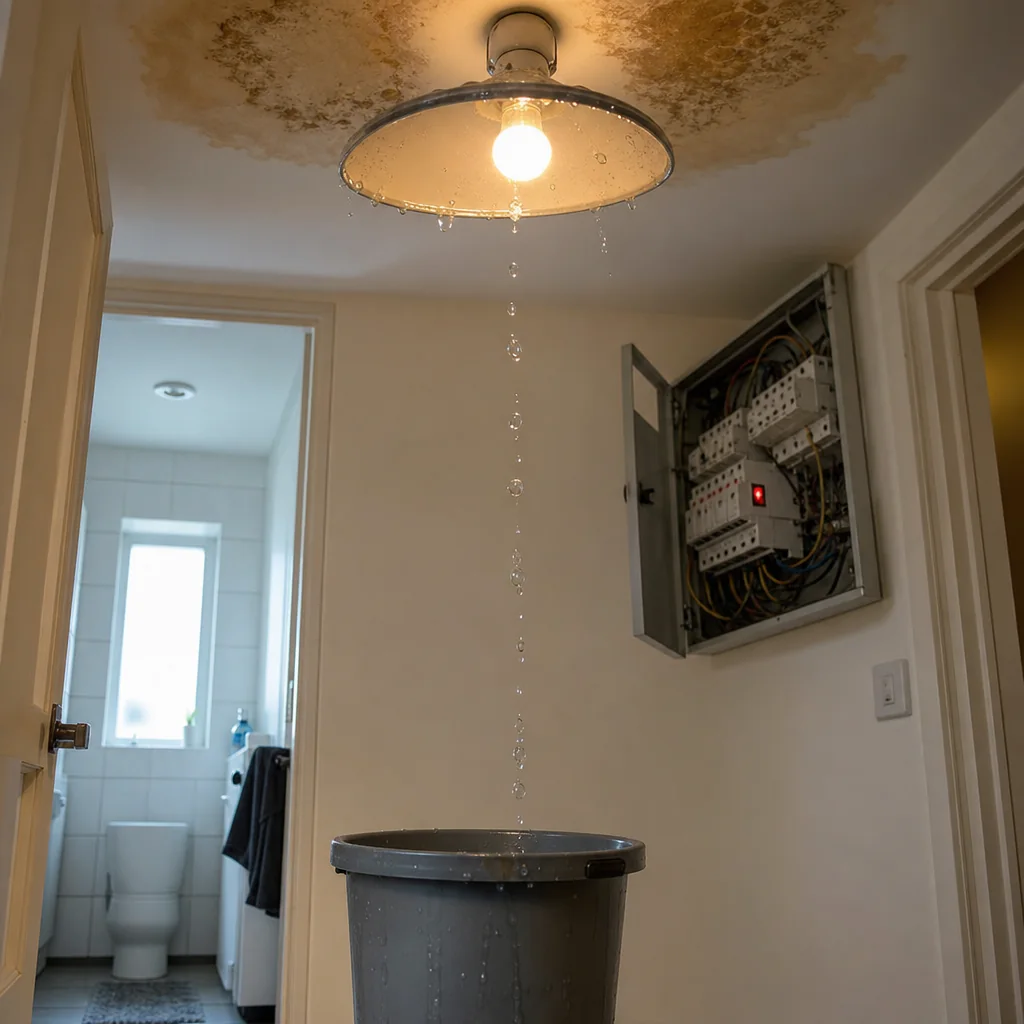 Water dripping from a ceiling next to a fuse box in a hallway