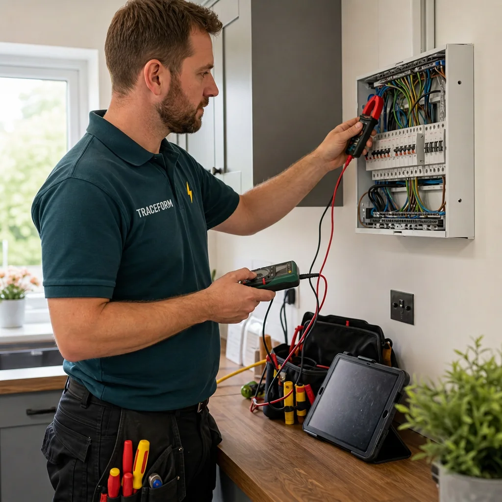 TRACEFORM electrician using a tester while diagnosing an electrical circuit