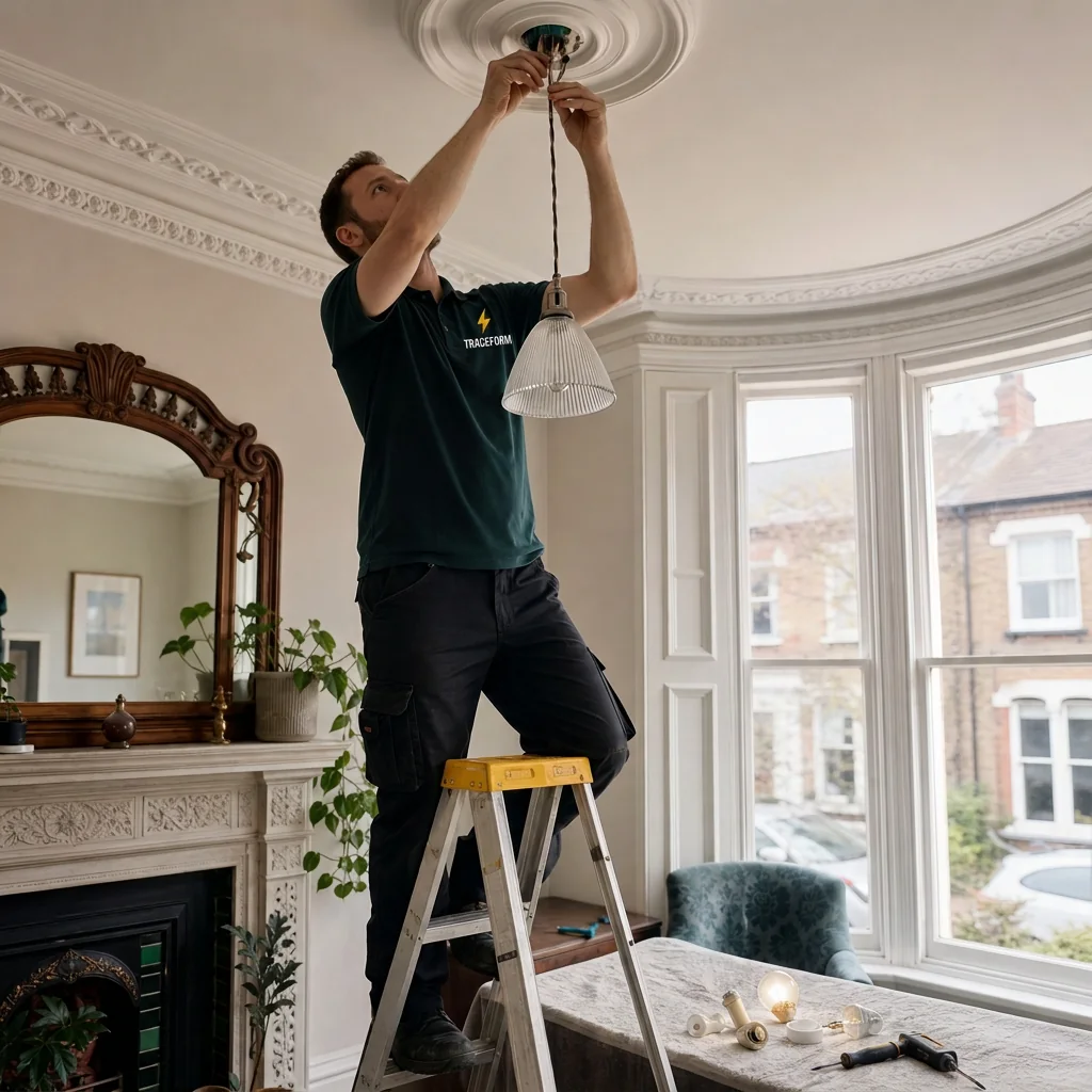 TRACEFORM electrician testing a ceiling light fitting for an electrical fault