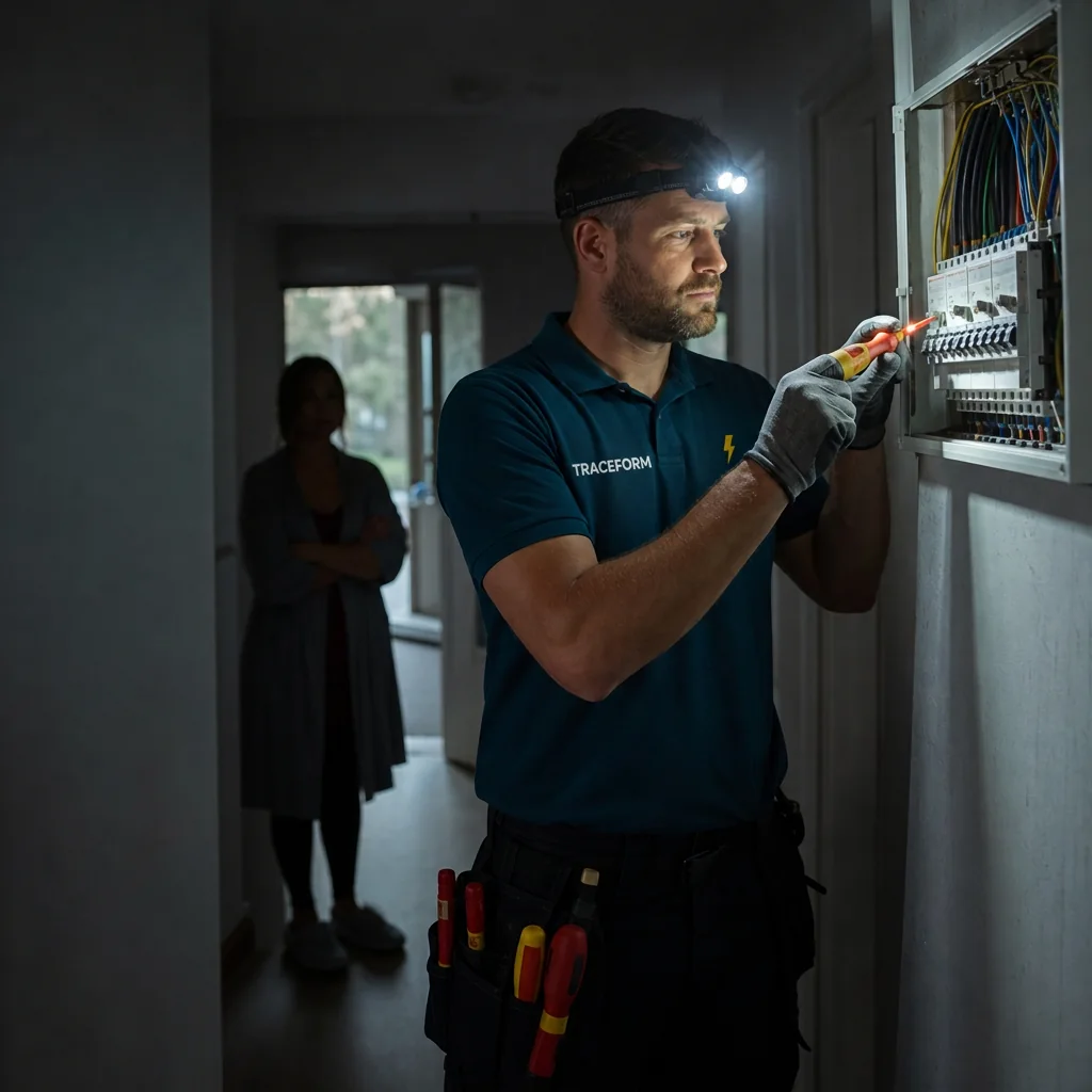 TRACEFORM electrician inspecting a consumer unit during a household power loss
