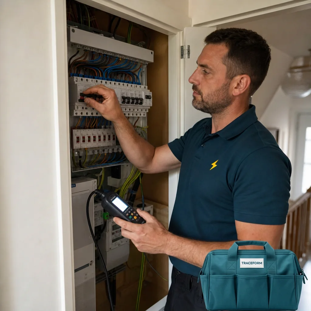 TRACEFORM electrician testing RCD and MCB protective devices at a consumer unit