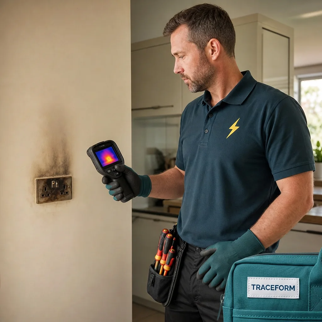 TRACEFORM electrician inspecting a damaged socket after reported sparking
