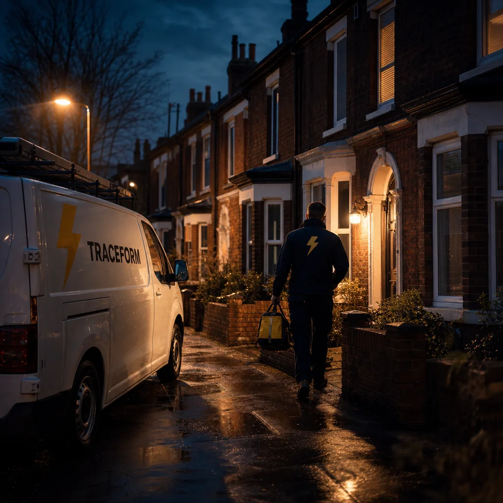 TRACEFORM van parked on a wet terraced street in Manchester at night