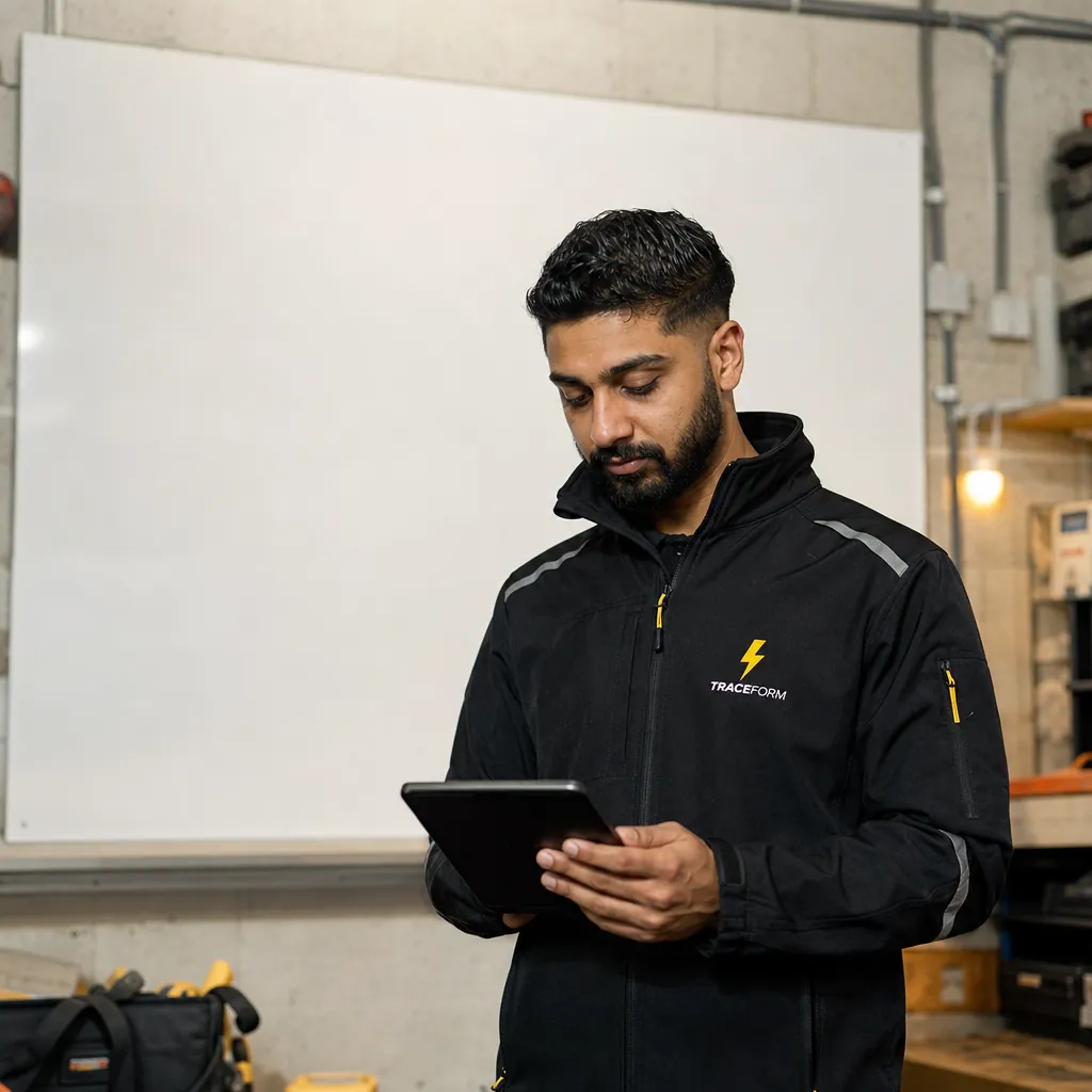 TRACEFORM engineer reviewing a job on a tablet