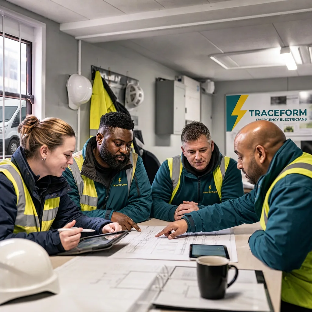 The TRACEFORM team reviewing a job plan together around a workshop table