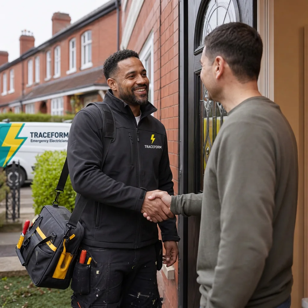 TRACEFORM engineer greeting a customer at a terraced house in Bolton