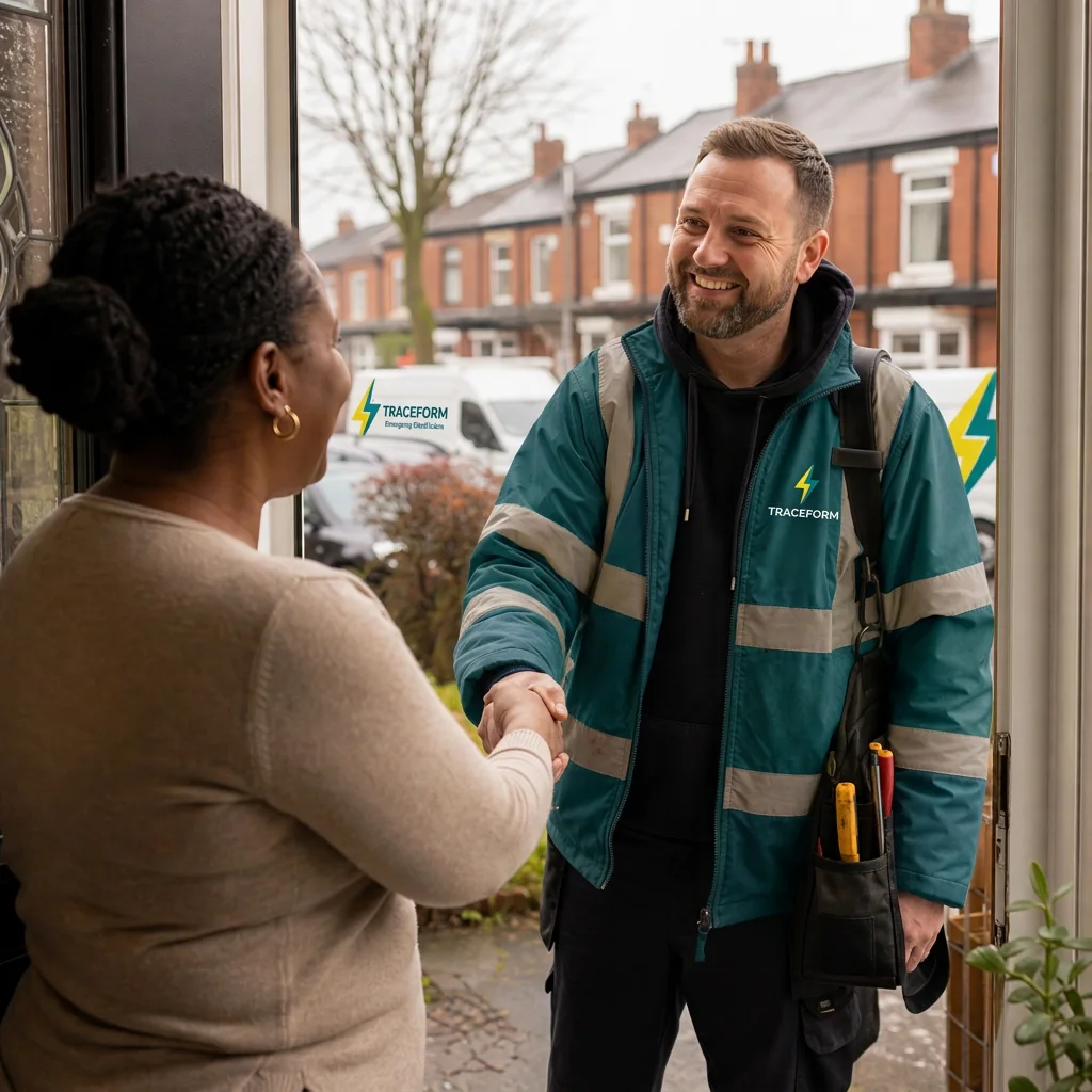 TRACEFORM engineer in hi-vis shaking hands with a customer in Bury