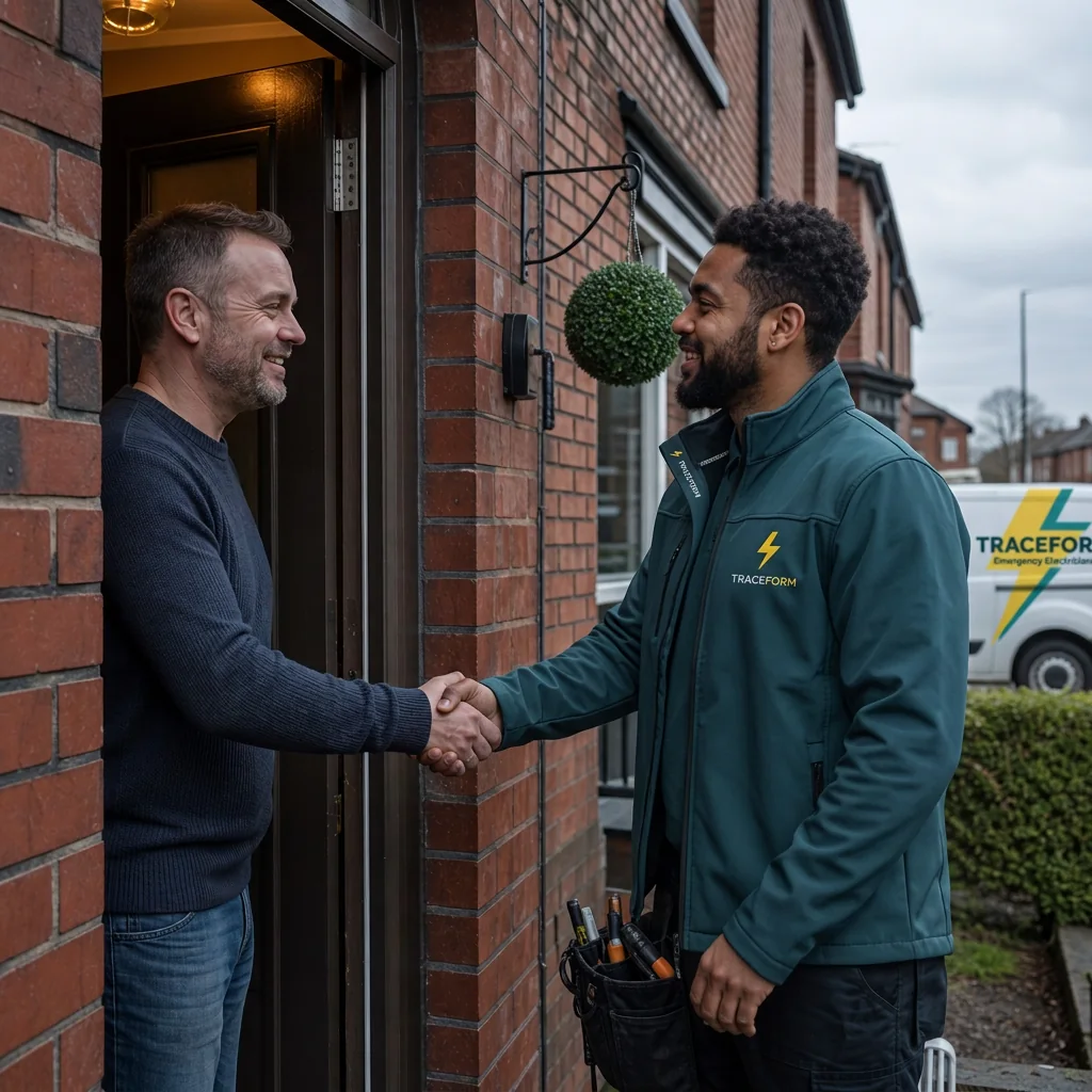 TRACEFORM engineer welcomed at the front door of a house in Rochdale