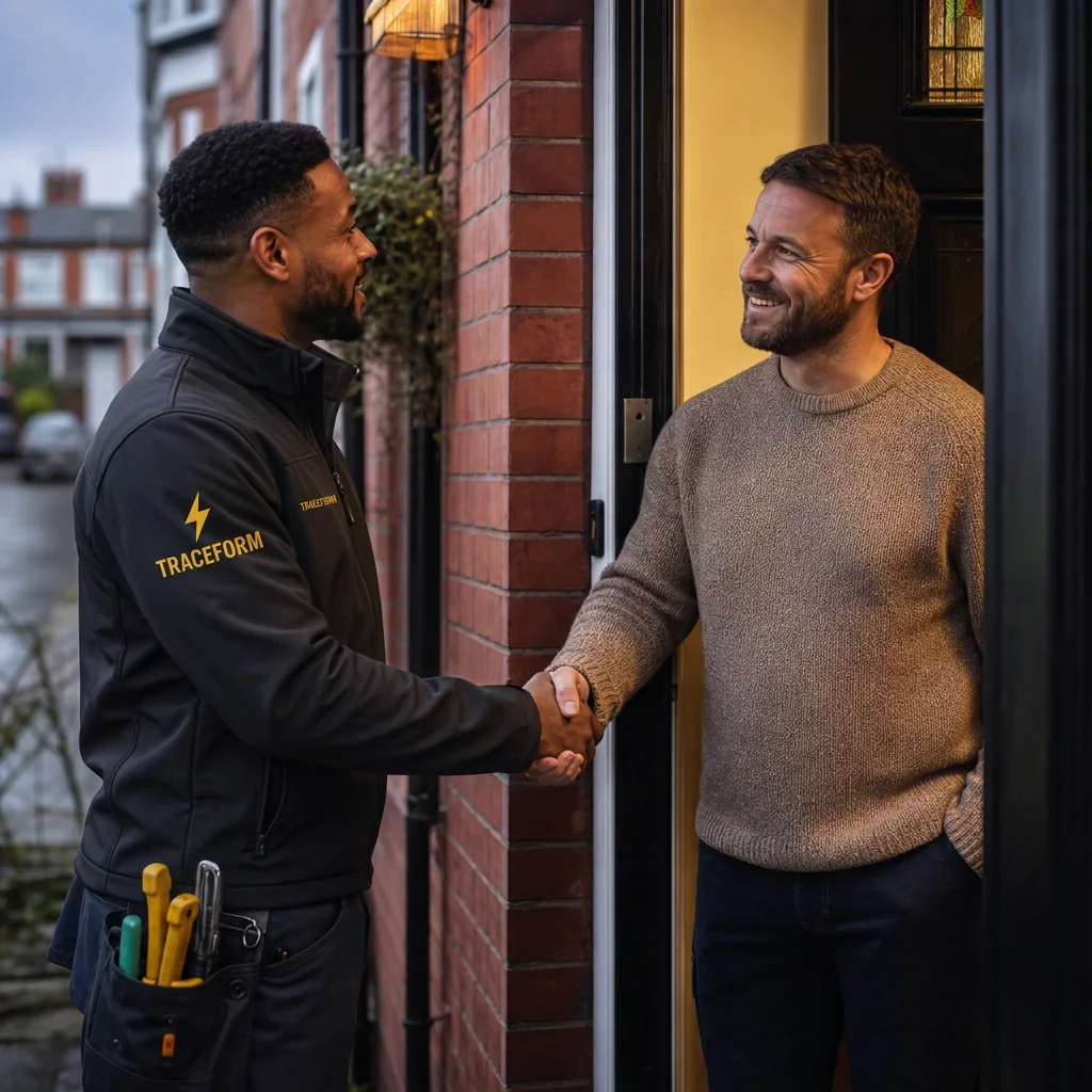 TRACEFORM engineer shaking hands with a homeowner in Salford