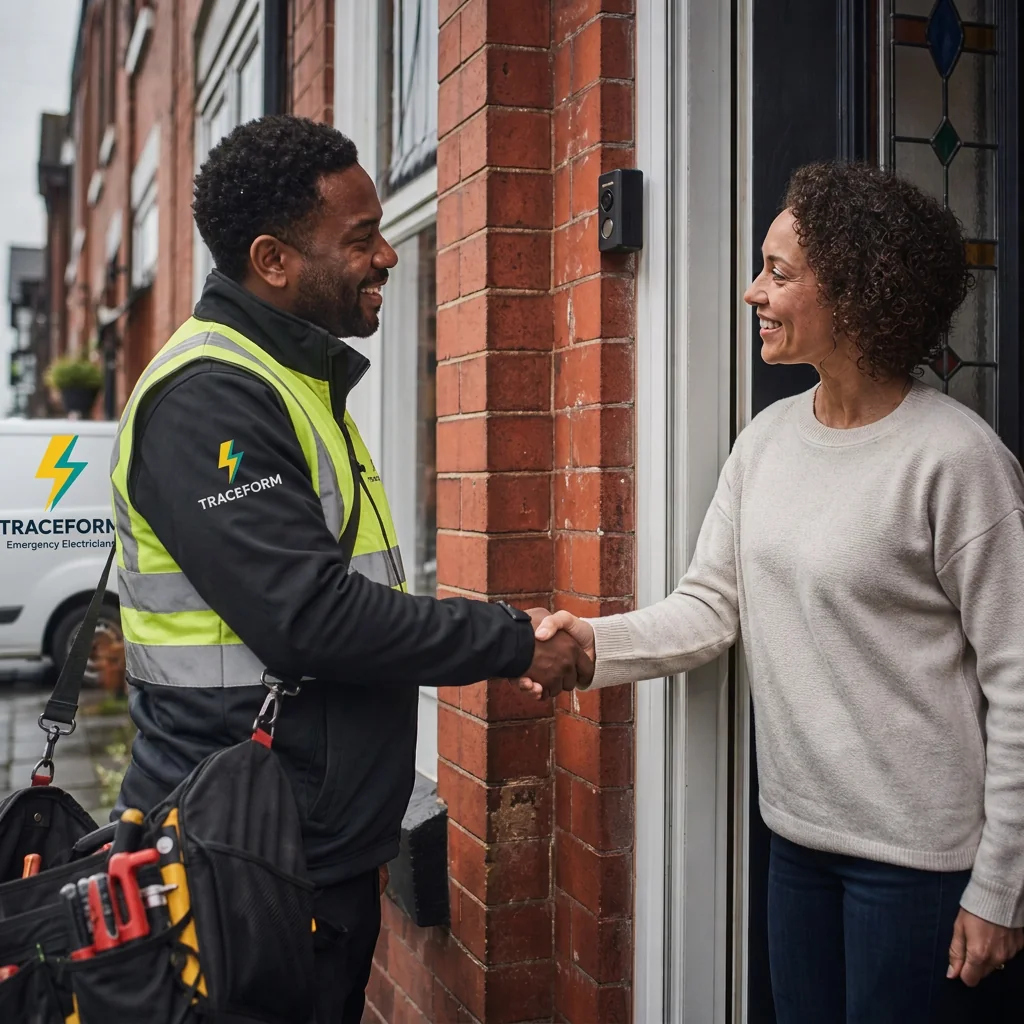 TRACEFORM engineer in hi-vis greeting a customer outside her home in Stockport