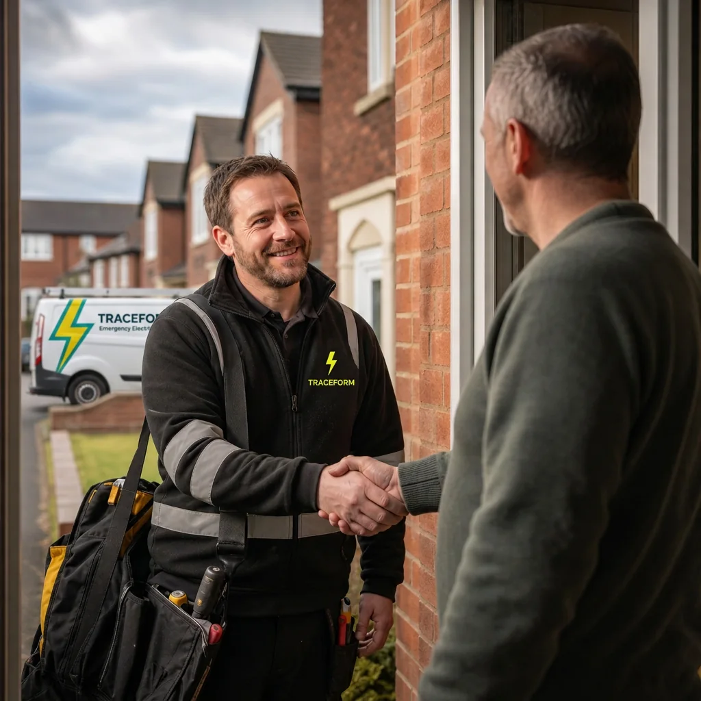 TRACEFORM engineer shaking hands with a customer on a doorstep in Trafford