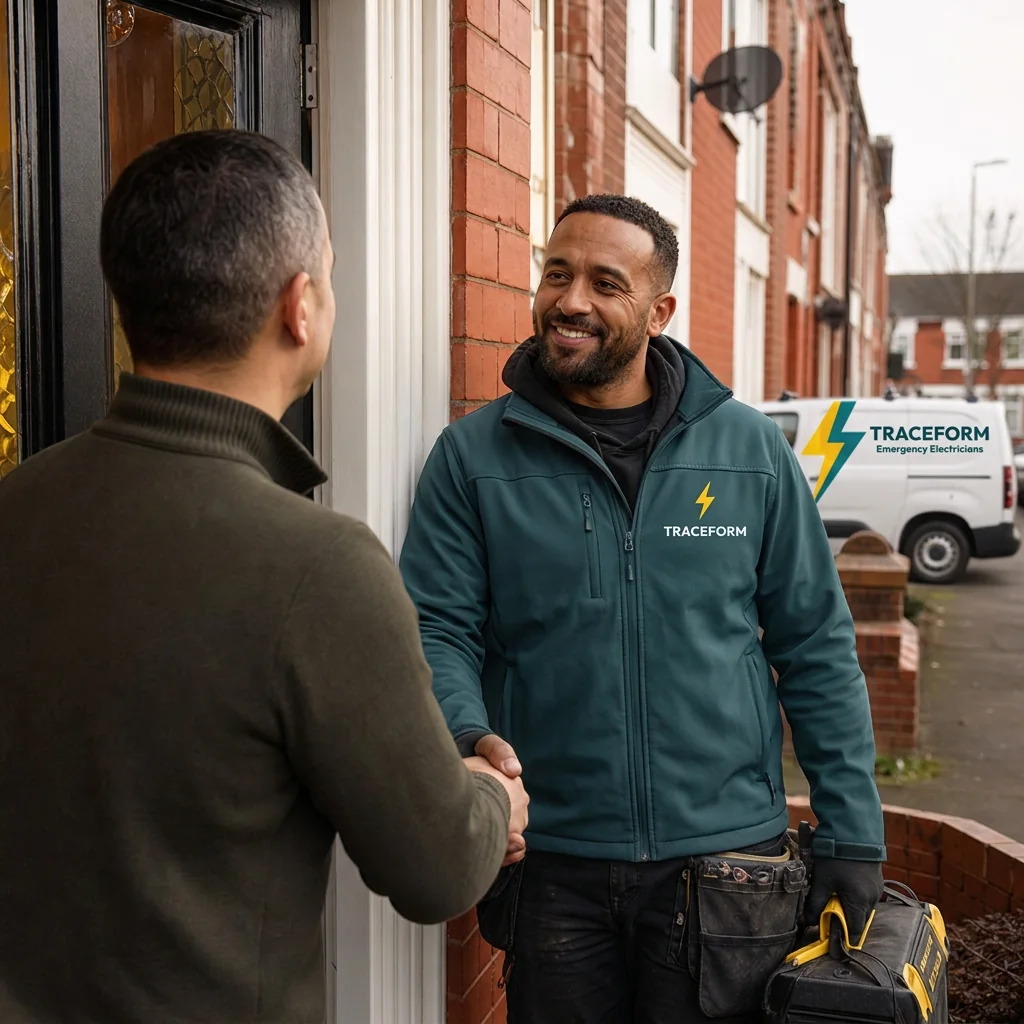 TRACEFORM engineer greeting a homeowner at his front door in Wigan