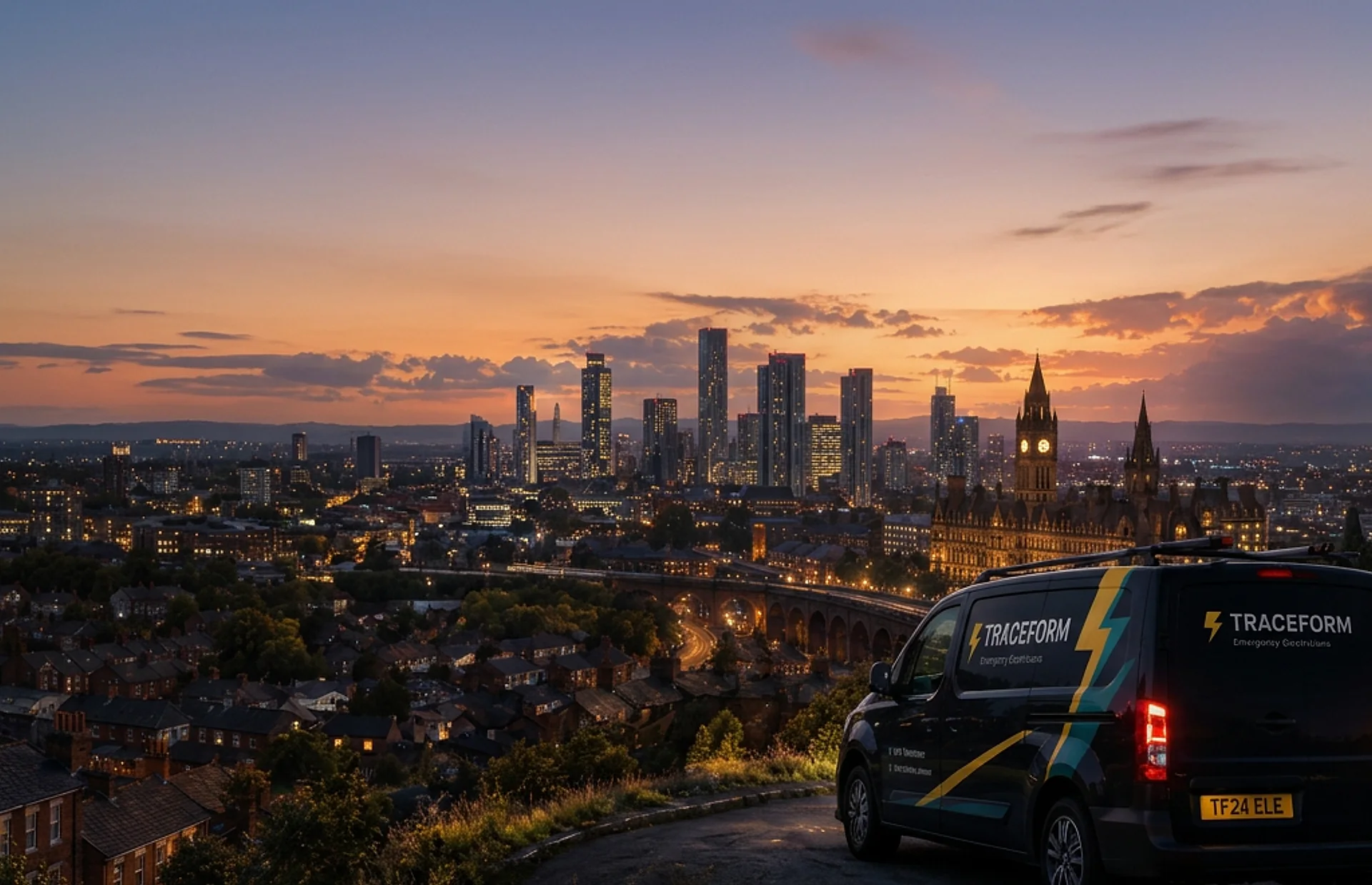 Manchester skyline at dusk with a TRACEFORM van in the foreground