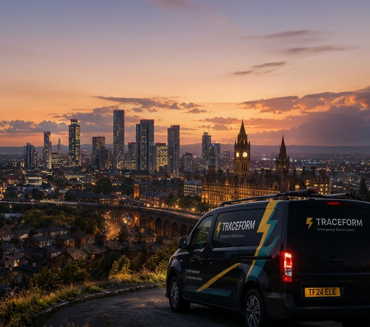TRACEFORM van overlooking the Manchester skyline at night