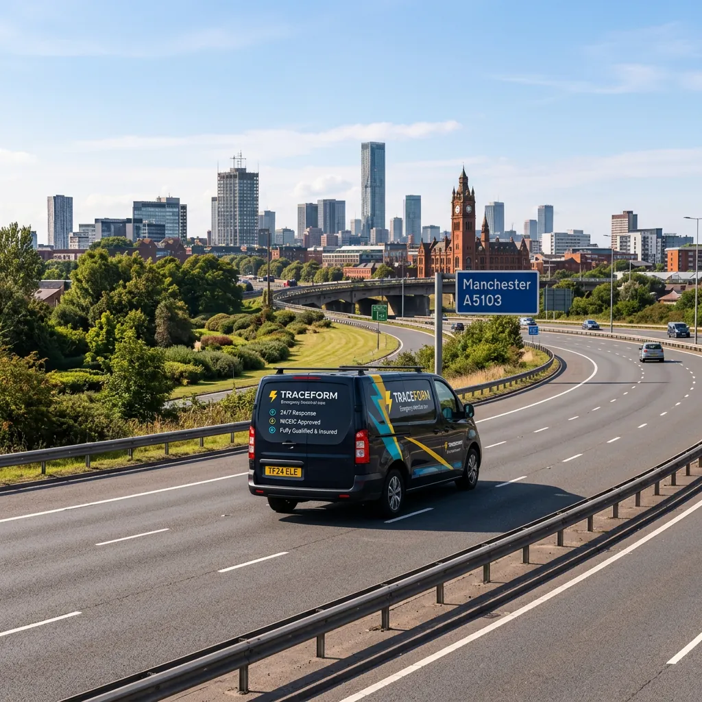 TRACEFORM van on the motorway heading towards Manchester city centre