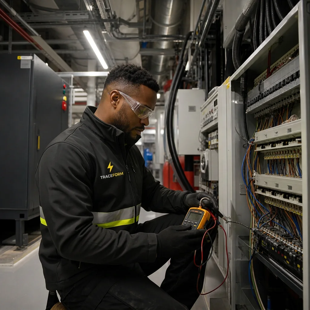 TRACEFORM engineer testing a commercial distribution board in a plant room