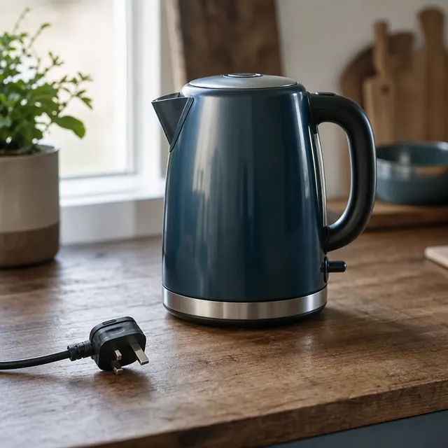 Electric kettle unplugged on a kitchen worktop after tripping the breaker