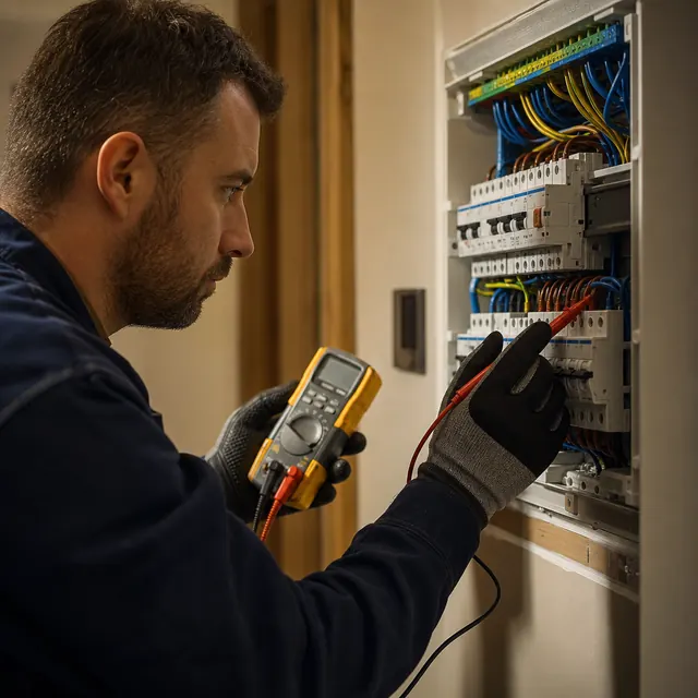 Electrician testing a circuit breaker in a consumer unit with a multimeter