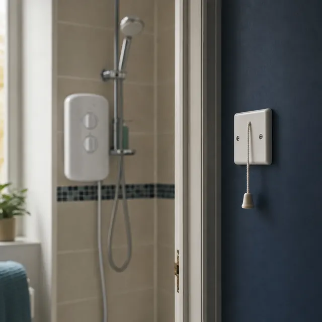 Electric shower and pull cord in a bathroom on a fixed circuit