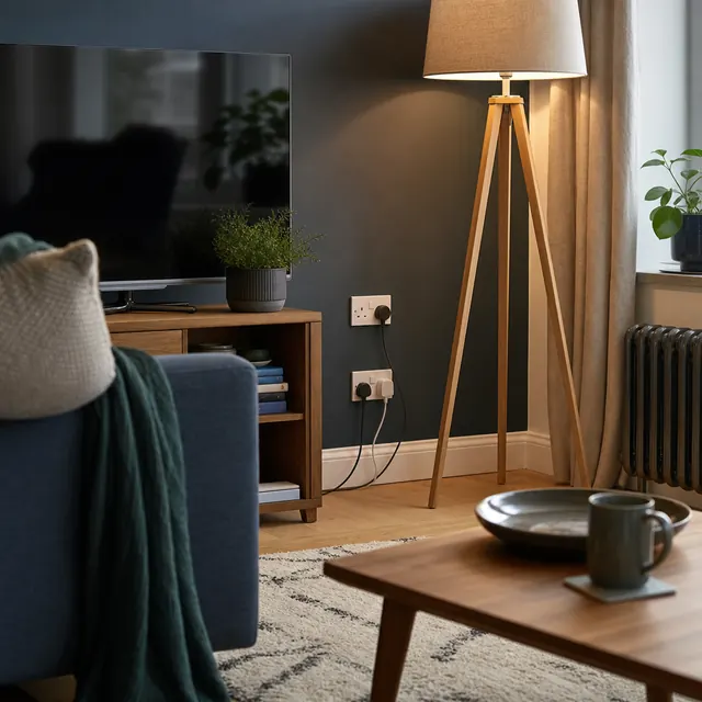 Living-room socket with several appliances plugged in under the TV