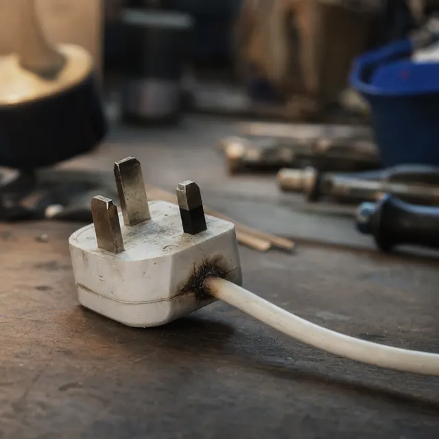 Plug with a cut, bare flex on a workbench showing a short-circuit risk
