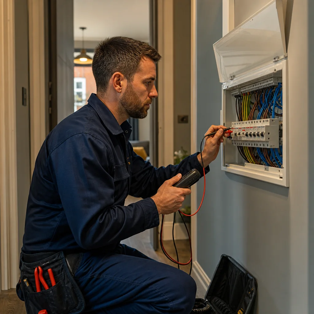 TRACEFORM electrician testing an open consumer unit in a hallway