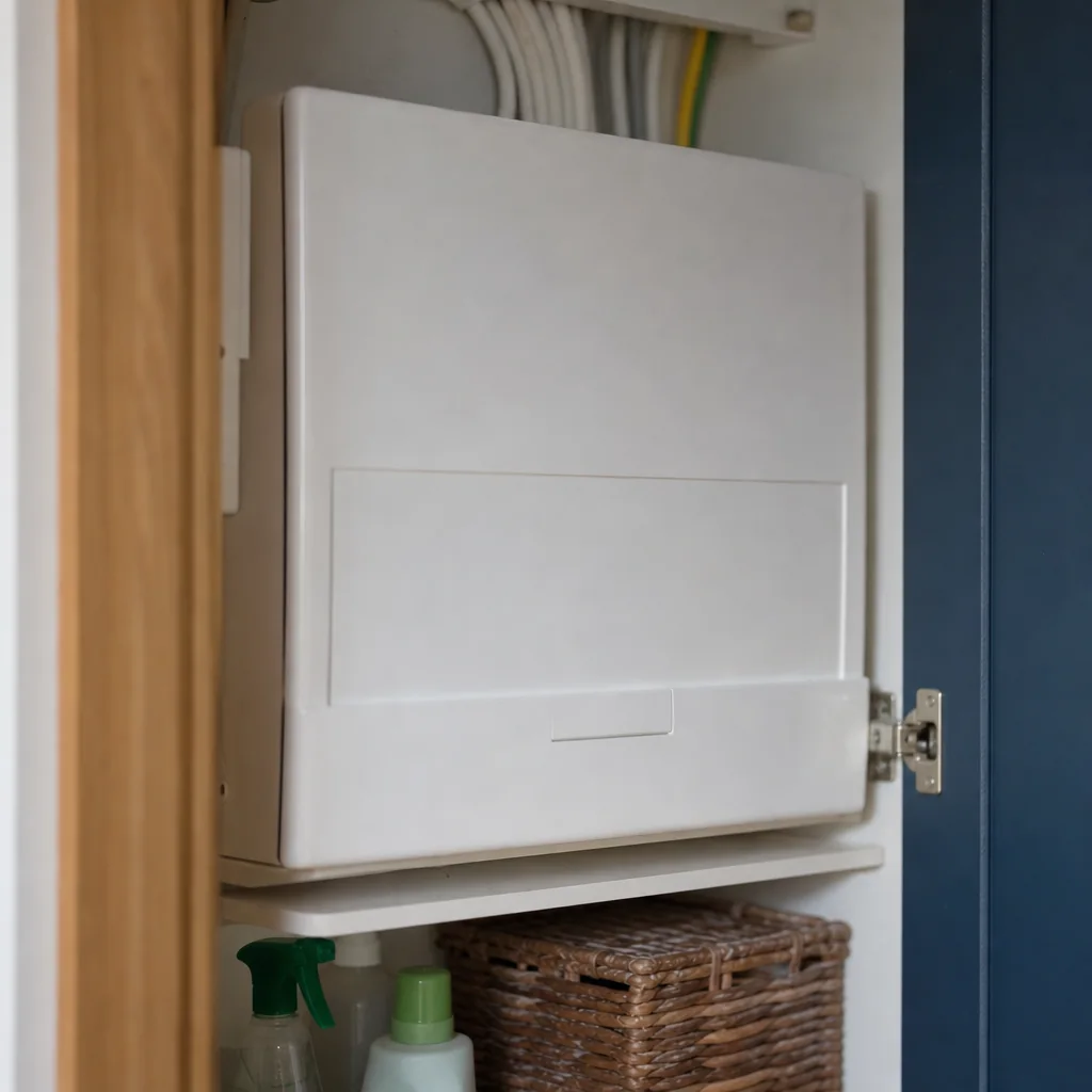 Consumer unit with its cover closed on a wall by a doorway