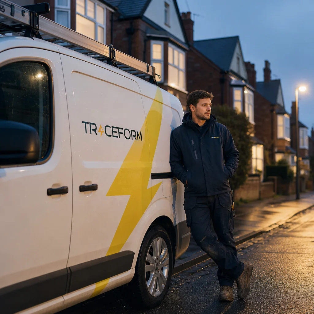TRACEFORM electrician beside the van on a terraced street at dusk