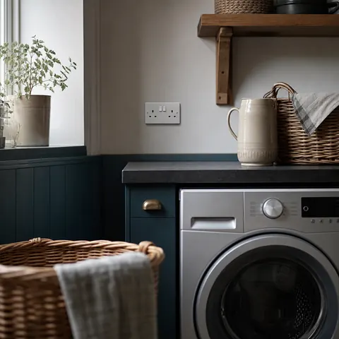 Washing machine in a utility room beside a wall socket