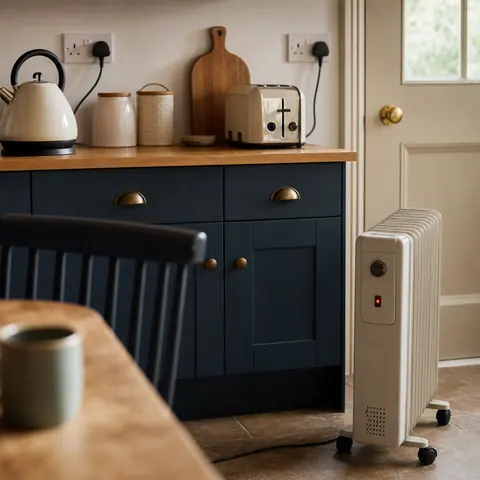 Kitchen with a portable heater plugged in beside the units