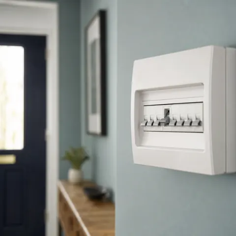 Small consumer unit on a hallway wall with one breaker tripped