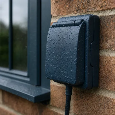 Outdoor socket cover on a brick wall in the rain