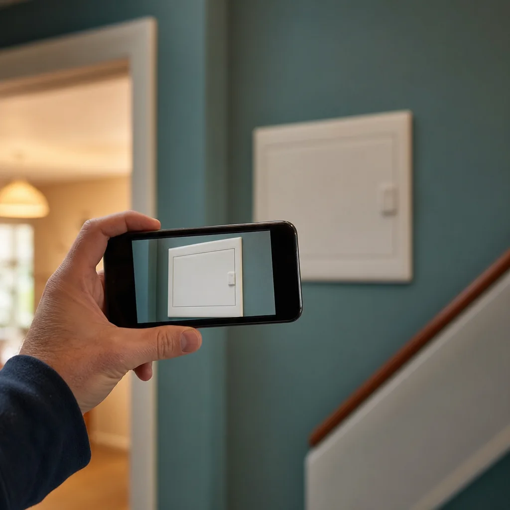 Hand holding a phone up to photograph a consumer unit