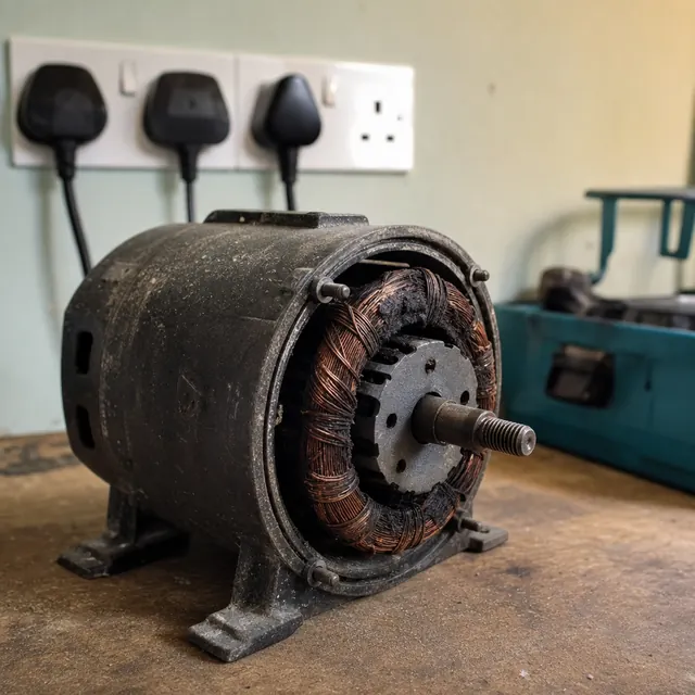 Burnt-out electric motor with charred windings on a workbench