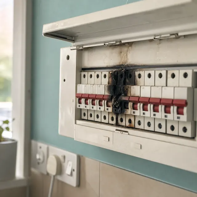 Consumer unit with scorch marks around one circuit breaker