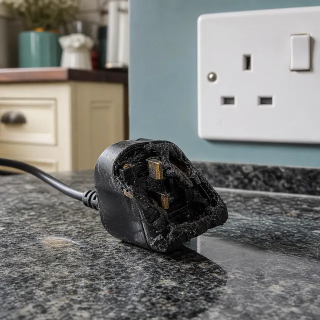 Melted and charred plug on a granite kitchen worktop